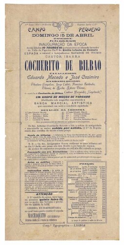 Lote 22 - TAUROMAQUIA, CARTAZ - Cartaz do Campo Pequeno 1905 "Monarquia". Invulgar e curioso. Dim: 29x14 cm. Nota: dobragens, humidade e manchas