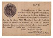 Lote 186 - RARÍSSIMO CONVITE PARA A INAUGURAÇÃO DA ESTÁTUA DO MARQUÊS DE POMBAL - 9 de maio de 1934. Peça de coleção. Nota: acidez