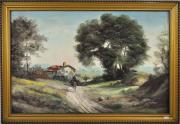 Lote 689 - Quadro com óleo sobre tela, assinada Alvarez motivo paisagem com casa com burros, moldura de madeira dourada, com 65x95 cm Nota: moldura apresenta falhas