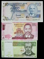 Lote 7 - MALAWI, CONJUNTO DE NOTAS - Reserve Bank of Malawi. Composto por 3 notas, 5, 10 e 100 Kwacha. Dim: 147x76 mm (10 Kwacha). Sem classificação atribuída, cabe ao licitante atribuir a classificação e a valorização que entender correta