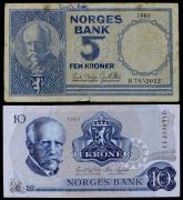 Lote 163 - NORUEGA, CONJUNTO DE NOTAS - Norges Bank. Composto por 2 notas, 5 e 10 Kroner. Dim: 124x65 mm. Sem classificação atribuída, cabe ao licitante atribuir a classificação e a valorização que entender correta