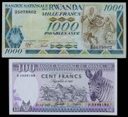 Lote 225 - RUANDA, CONJUNTO DE NOTAS - Banque Nationale du Rwanda. Composto por 2 notas, 100 e 1.000 Francs. Dim: 155x70 mm (1.000 Francs). Sem classificação atribuída, cabe ao licitante atribuir a classificação e a valorização que entender correta