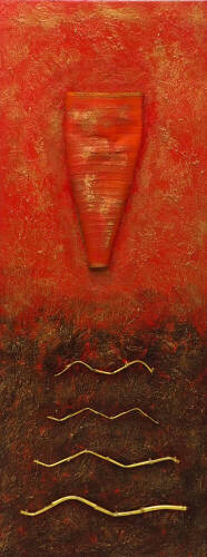 Lote 222 - TÉCNICA MISTA - Técnica mista sobre madeira com pintura a acrílico em tons de vermelho, com aplicação de diversos materiais em dourado e com aplique elétrico, sem moldura. Dimensão: 160x61 cm. Pode apresentar marcas de armazenamento, deformação