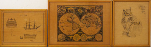 Lote 227 - CONJUNTO QUADROS DECORATIVOS - Par de Corujas de Marlin J. Mann de 1987, Dim: 54x44 cm. Navio H.M.J Victory, Dim: 53x43 cm. Mapa Mundo "Nova Totius Terrarum Orbis Tabula Auctore F.de Wit" Dim:73x53 cm.