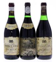 Lote 3616 - ROMEIRA PALMELA - 3 Garrafas de Vinho Tinto, Palmela VQPRD, sendo uma garrafa de 1994, uma garrafa de 1997 e uma garrafa sem ano de colheita, Caves Velhas, (750ml - 12,5%vol.). Nota: rótulos danificados