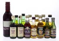 Lote 3875 - GARRAFAS MINIATURA - Conjunto de 14 garrafas/miniaturas de diversas bebidas nomeadamente Vinho do Porto, Licores, Whisky e Vinho. Nota: diversas capacidades. Podem apresentar perdas ou rótulos algo danificados, conforme foto