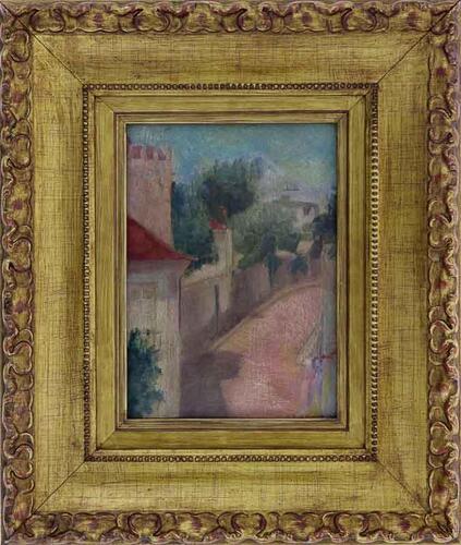 Lote 5013 - JOSÉ CAVADAS (1861-1964) - Original - Pintura a óleo sobre madeira, assinada e assinada no verso, motivo "Paisagem com Casa e Torre", com 18x13 cm (moldura com 30,5x26 cm). Nota: Nota: Pintor contemporâneo, conhecido pelas suas paisagens bucó