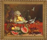 Lote 5015 - CUGOPEHKO M., ESCOLA RUSSA, SÉC. XX - Original - Pintura a óleo sobre tela, assinada, datada de 1994, motivo “Natureza Morta - Frutas”, com 90x110 cm (moldura dourada com 110x131 cm)