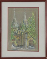 Lote 5232 - OLIVEIRA / ESCOLA PORTUGUESA, SÉC. XX - Original - Desenho a pastel sobre papel, assinado, motivo "Igreja", mancha colorida com 34x24 cm (moldura com 47x37 cm)