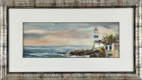 Lote 5307 - XAVIER GALIZA (n.1943) - Original - Pintura a aguarela sobre papel, assinada, motivo "Farol de Santa Marta", mancha colorida com 26x70 cm (moldura prateada com 60x105 cm). Aguarela deste autor foi vendida por € 500 na Oportunity Leilões. Consu