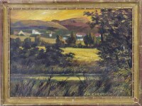 Lote 5313 - CH. CIROULLE, ESCOLA FRANCESA, SÉC. XX - Original - Pintura a óleo sobre madeira, assinada, motivo “Paisagem Campestre com Casario”, com 31x43 cm (moldura dourada a folha de ouro com 37x49 cm, com pequenas falhas)