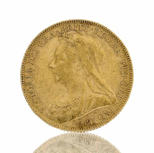 Lote 5786 - LIBRA EM OURO 22 KT - Toque 916,7. Rainha Victoria de 1900 com São Jorge. Peso: 8 g. Libra idêntica à venda por € 399,68. Nota: sem classificação atribuída, cabe ao licitante atribuir a classificação que entender correcta. Consultar valor indi