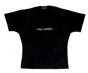 Lote 59 - J. DEL POZO “HALLOWEEN”, T-SHIRT – Em tecido de algodão e elastano preto, com aplicações de strass com publicidade “Halloween”. Tamanho S. Nota: sem uso