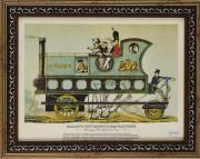 Lote 22 - Estampa sobre papel com 22x30,5cm, com o título "Gordon's New Patent Steam Carriage". Dimensão da moldura 29x37cm.