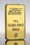 Lote 4017 - BARRA DE OURO FINO 24 KT - Barra de Ouro Fino 999,9 com o peso de 20 g. produzida por Albino e Moutinho, acompanhada de certificado de autenticidade e acondicionada em bolsa própria. http://www.bportugal.pt/Mobile/BPStat/DominiosEstatisticos.aspx?IndID=122446.