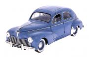 Lote 190 - SOLIDO, PEUGEOT 203, MINIATURA AUTOMÓVEL – Modelo à Escala de 1/18, Peugeot 203 de 1954, em metal azul e cromado, com capot e portas da frente de abrir, matrícula 2611 AC 80. Dim: 24,5 cm de comprimento. Nota: sinais de manuseamento, falta dos puxadores das portas da frente, pequeno desgaste na pintura