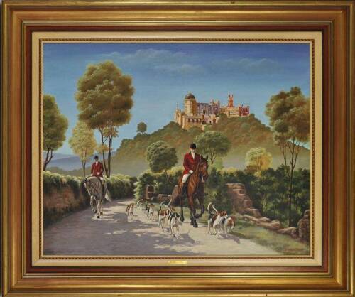 Lote 1069 - EDUARDO DE FREITAS ****ORIGINAL***** - Pintura a óleo sobre tela, representando "Passeio a cavalo, com o Palácio da Pena ao fundo ( Sintra)", assinado, com 73x92 cm (moldura dourada com 100x120 cm, com pequenas falhas). Nota: segundo o actual 