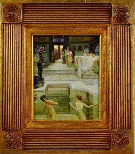 Lote 1257 - Reprodução pintada a óleo sobre tela por Frank Sterne, datada de 2001, de uma pintura neoclássica dev Sir Lawrence Alma-Tadema (1836-1912), título "A Summer-Offering" de 1911 (original em Utah, Museum of Art, Brigham Young University), com 25x