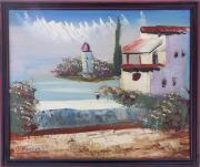 Lote 1014 - O. MARTINS / ESCOLA PORTUGUESA, SÉC. XX - Original - Pintura a óleo espatulada sobre platex, assinada, motivo "Paisagem Marinha com Farol", mancha colorida com 25x30 cm (moldura com 28x33 cm)