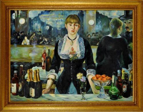 Lote 1269 - Reprodução pintada a óleo sobre tela por Iline, 1999, de uma pintura impressionista de Édouard Manet (1832-1883), título "A Bar at the Folies-Bergère" de 1882 (original exposto em Londres, Courtauld Institute Galleries), com 60x81 cm (moldura 