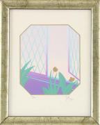 Lote 1985 - YAGO, SÉC. XX - Litografia sobre papel, assinada, série 14/500, motivo "Janela Entreaberta", mancha colorida com 31x23 cm (moldura com 37x29 cm)