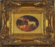 Lote 1256 - Quadro com reprodução sobre papel, motivo "Cães", com 11x16 cm, com moldura entalhada e dourada com 27x32 cm, com falhas