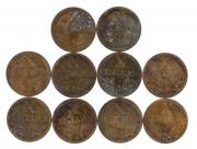 Lote 23 - X CENTAVOS - 10 Moedas da República Portuguesa em bronze datadas de 1943. Dim: 17 mm. Sem classificação atribuída, cabe ao licitante atribuir a classificação e a valorização que entender correcta