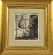Lote 2 - Raquel Roque Gameiro - Quadro com ilustração, titulo "Miss Pearl", mancha de impressão aprox. 15x14 cm., ricamente emoldurado (aprox. 32x21 cm., com falhas). Nota: Raquel Roque Gameiro (1889-1970) era filha do pintor e aguarelista Alfredo Roque Gameiro. Dedicou-se sobretudo à aguarela e à ilustração, várias vezes premiada, tem alguns dos seus trabalhos expostos no Museu de Arte Contemporânea e no Museu de Madrid.