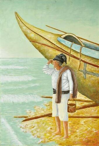 Lote 4 - Cotafe - (ORIGINAL) - Óleo sobre tela, motivo "Pescador Ria de Aveiro" assinado e datado de 2001 com aprox. 73x50cm.(sem moldura). Nota: Tela com falhas.