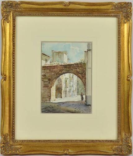 Lote 7 - Jose Manuel Felix - (ORIGINAL) - Quadro com aguarela, assínada e datado de 1943, motivo "Évora" , com aprox. 17,5x12,5 cm., ricamente emoldurado (moldura aprox. 37x32 cm.).