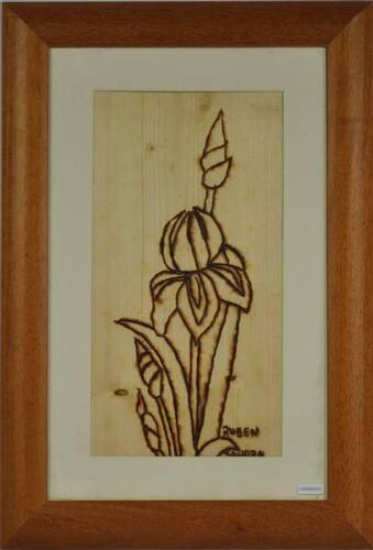 Lote 14 - Quadro com técnica mista sobre madeira, assínado Ruben Sandra,motivo "Flor", dimensão aprox. 37x19 cm.(moldura aprox. 55x38 cm.).