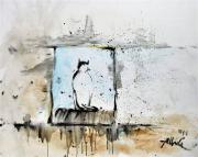 Lote 45 - Pedro Albuquerque (ORIGINAL) - Óleo sobre tela, motivo "Gato à Janela" assinado e datado de 2011, com aprox. 80x100 cm., sem moldura.