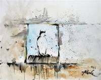 Lote 45 - Pedro Albuquerque (ORIGINAL) - Óleo sobre tela, motivo "Gato à Janela" assinado e datado de 2011, com aprox. 80x100 cm., sem moldura.