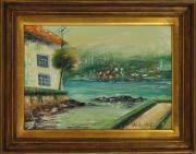 Lote 75 - Artur G.R., óleo sobre tela, motivo"Paisagem com Casa e Rio" com mancha de 23x33 cm e moldura de 35x44 cm.Nota:Obra muito bem conseguida pela cor e luminosidade apresentadas