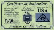 Lote 25 - PALLADIUM FINO, ONE GRAIN - Barra de Palladium de 99,9 com 3x6 mm em invólucro selado e certificado de autenticidade emitido pelo American Certified Bullion. Peso: 0.06479891 g. (1 grain). http://www.lbma.org.uk/pricing-and-statistics