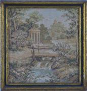 Lote 13 - Quadro com tapeçaria, motivo "Jardins de Itália", com 23x22 cm (moldura dourada com 27x26 cm, com falhas e defeitos)