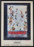 Lote 34 - Cargaleiro - Cartaz de Ópera em papel, assinado pelo autor, alusivo à ópera "Turandot" de G.Puccini, realizada no Teatro Nacional de S.Carlos, 1982, com 64x39 cm (moldura lacada com 70x50 cm)