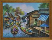 Lote 57 - Pintura a óleo sobre tela, assinado Cllao, motivo "Mercado Tailandês", com 30x40 cm (moldura dourada com 34x44 cm)