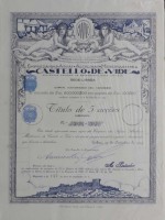 Lote 103 - TÍTULO DE 5 ACÇÕES DA EMPREZA DAS ÁGUAS ALCALINAS MEDICINAES DE CASTELLO DE VIDE - Sociedade Anónima de Responsabilidade Limitada, Capital Auctorisado Esc. 1.000.000$00, 2ª Emissão de 800.000$00 em Acções de Esc. 100$00, Nº 3836 a 3840, emitido