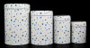 Lote 28 - CONJUNTO DE LATAS - Composto por 2 latas cilíndricas contendo cada 3 latas mais pequenas. Decoração policromada com estrelas e lisa, respectivamente. Dim: 19,5x12,5 cm (aprox. Maiores). Nota: sinais de armazenamento - 3