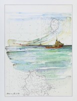 Lote 132 - JEAN DOAT (n.1952) - Litografia sobre papel, não assinada, série não numerada, motivo "Barco - Flores e Corvo". Dim: mancha 39,5x29,5 cm. Dim: suporte 49x34,5 cm. Sem Moldura