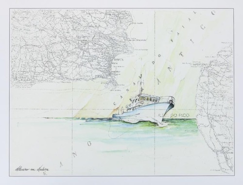 Lote 141 - JEAN DOAT (n.1952) - Litografia sobre papel, não assinada, série não numerada, motivo "Barco Atuneiro em Madeira". Dim: mancha 29,5x39,5 cm. Dim: suporte 34,5x49 cm. Sem Moldura