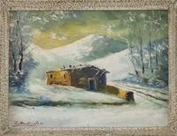 Lote 173 - GUSTAVO FERREIRA / ESCOLA PORTUGUESA, SÉC. XX - Original - Pintura a óleo sobre tela, assinada , motivo "Paisagem com Neve". Dim: mancha 30x40 cm. Dim: moldura 33x43 cm. Nota: tela com defeito (furo)