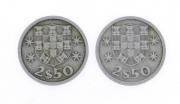 Lote 29 - PORTUGAL, MOEDAS DE 2,50 ESCUDOS EM CUPRO-NÍQUEL, ANO 1964 - Conjunto de 2 moedas. Dim: 20 mm. Sem classificação atribuída, cabe ao licitante atribuir a classificação e a valorização que entender correta. Moeda de 2,50 Escudos de 1964, em estado Bela/Soberba, à venda por € 30. Consultar valor indicativo em https://www.portugalmoedas.com.pt/artigo.aspx?id=3375