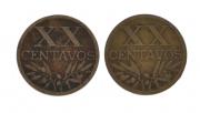 Lote 79 - PORTUGAL, MOEDAS DE XX CENTAVOS EM BRONZE, ANO 1945 - Conjunto de 2 moedas. Dim: 20 mm. Sem classificação atribuída, cabe ao licitante atribuir a classificação e a valorização que entender correta. Moeda de XX Centavos de 1945, em estado MBC+/Bela, à venda por € 35. Consultar valor indicativo em https://www.portugalmoedas.com.pt/artigo.aspx?id=3239