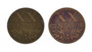 Lote 97 - PORTUGAL, MOEDAS DE XX CENTAVOS EM BRONZE, ANO 1952 - Conjunto de 2 moedas. Dim: 20 mm. Sem classificação atribuída, cabe ao licitante atribuir a classificação e a valorização que entender correta. Moeda de XX Centavos de 1952, em estado MBC+/Bela, à venda por € 40. Consultar valor indicativo em https://www.portugalmoedas.com.pt/artigo.aspx?id=3243