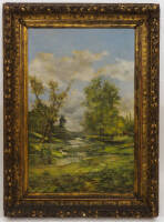 Lote 4005 - ABEL CARDOSO (1877-1964) - Original - Pintura a óleo sobre tela, motivo Paisagem com Rio, assinada, com imponente moldura em madeira folheada a ouro fino ricamente ornamentada com friso de folhas de acanto relevadas, e friso com frutos e espig