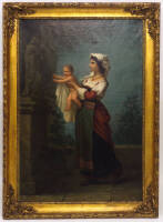 Lote 4013 - LÉONTINE LEMÉE, SÉC. XIX - Original - Pintura a óleo sobre tela, motivo Mãe com Filho no Jardim, assinada e datada de 1867, com imponente moldura em madeira folheada a ouro fino ricamente ornamentada com friso de folhas de acanto relevadas e a