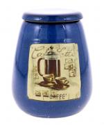 Lote 106 - POTE EM CERÂMICA - Pote com tampa em cerâmica azul, decoração alusiva a "Caffé". Dim: 16 cm de altura. Nota: sinais de uso