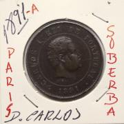 Lote 42 - MOEDA DE 20 REIS, ANO 1891- Paris(A) - Monarquia Portuguesa, D. Carlos. Em cobre. Sem classificação atribuída pela Oportunity, cabe ao licitante atribuir a classificação e a valorização que entender correta